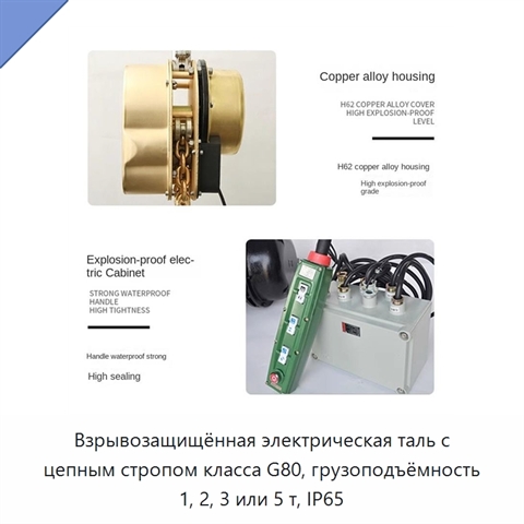 Взрывозащищённая электрическая таль с цепным стропом класса G80, грузоподъёмность 1, 2, 3 или 5 т, IP65