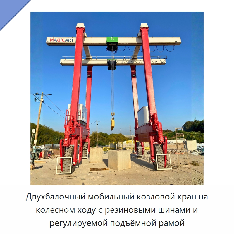 Двухбалочный мобильный козловой кран на колёсном ходу с резиновыми шинами и регулируемой подъёмной рамой — Краны