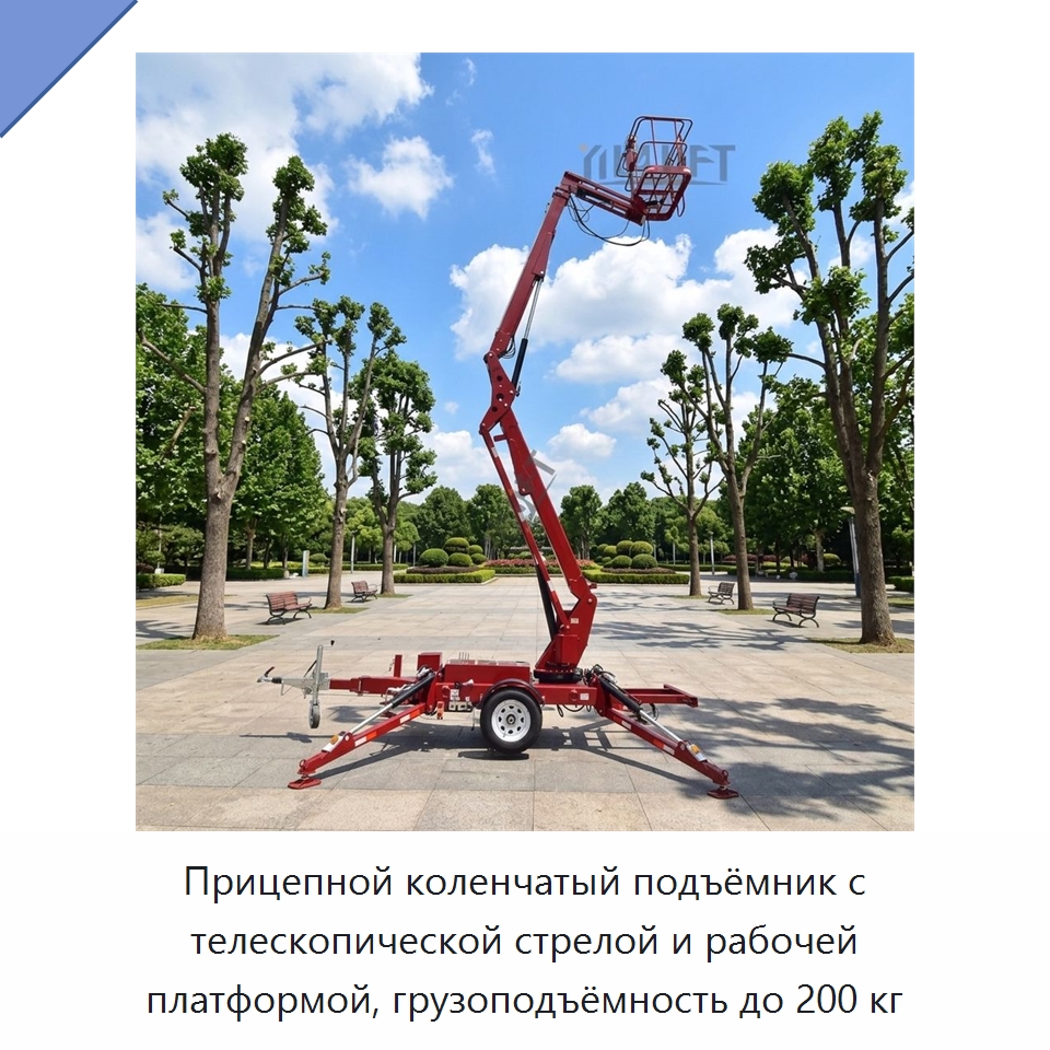 Прицепной коленчатый подъёмник с телескопической стрелой и рабочей платформой, грузоподъёмность до 200 кг — Подъемные столы