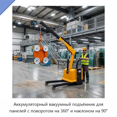 Аккумуляторный вакуумный подъёмник для панелей с поворотом на 360° и наклоном на 90°