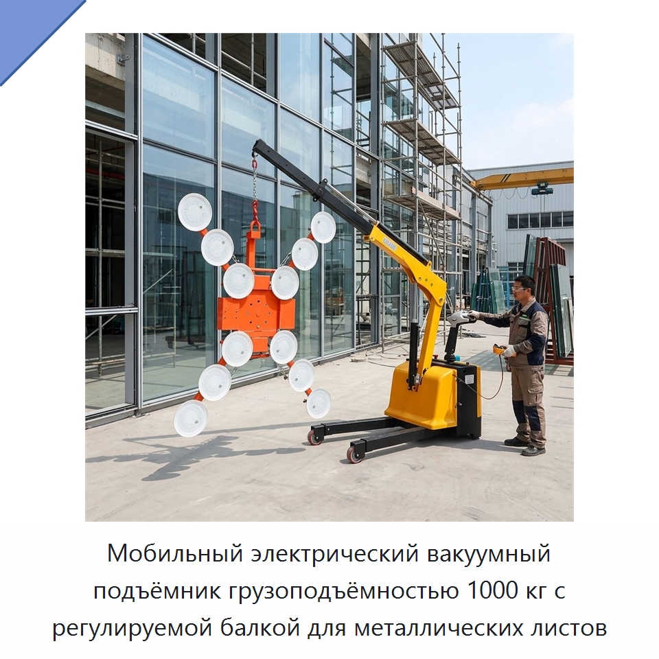 Мобильный электрический вакуумный подъёмник грузоподъёмностью 1000 кг с регулируемой балкой для металлических листов — Вакуумные грузозахваты
