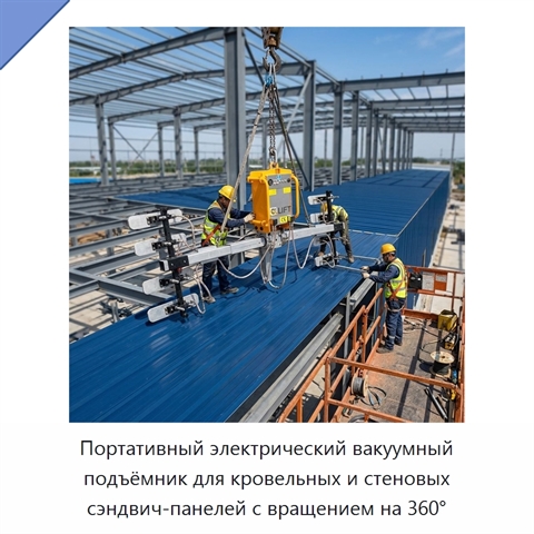 Портативный электрический вакуумный подъёмник для кровельных и стеновых сэндвич-панелей с вращением на 360°