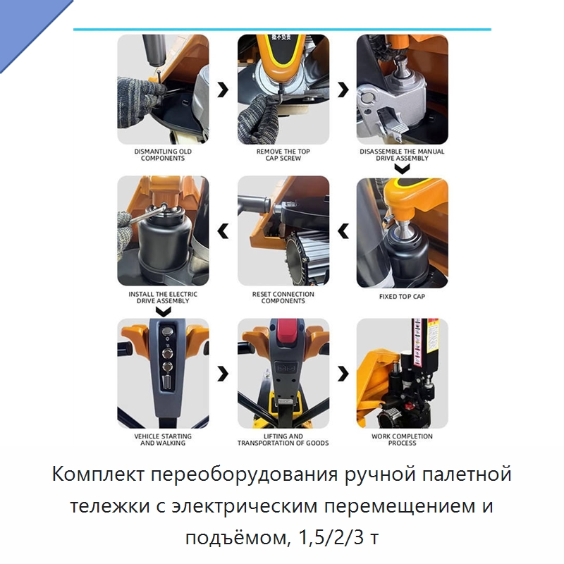 Комплект переоборудования ручной палетной тележки с электрическим перемещением и подъёмом, 1,5/2/3 т — Комплектующие для подъемно-транспортного оборудования