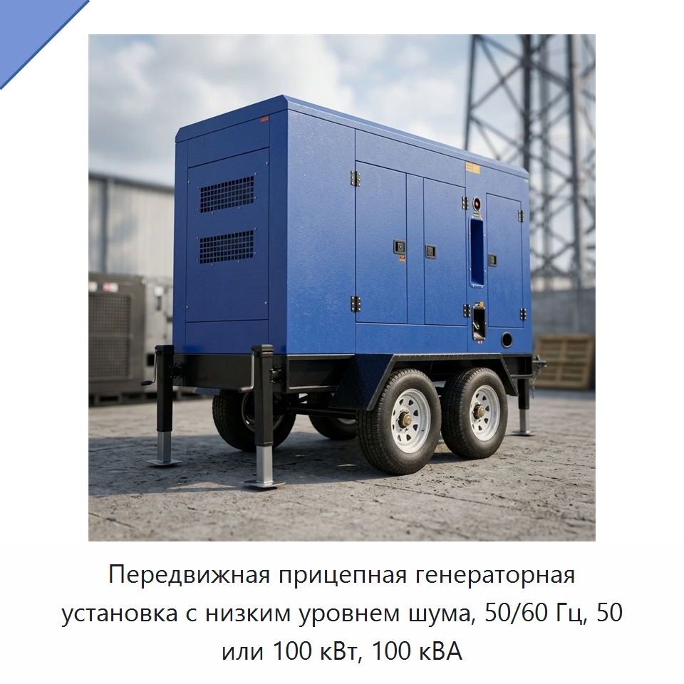 Передвижная прицепная генераторная установка с низким уровнем шума, 50/60 Гц, 50 или 100 кВт, 100 кВА — Дизельные генераторы