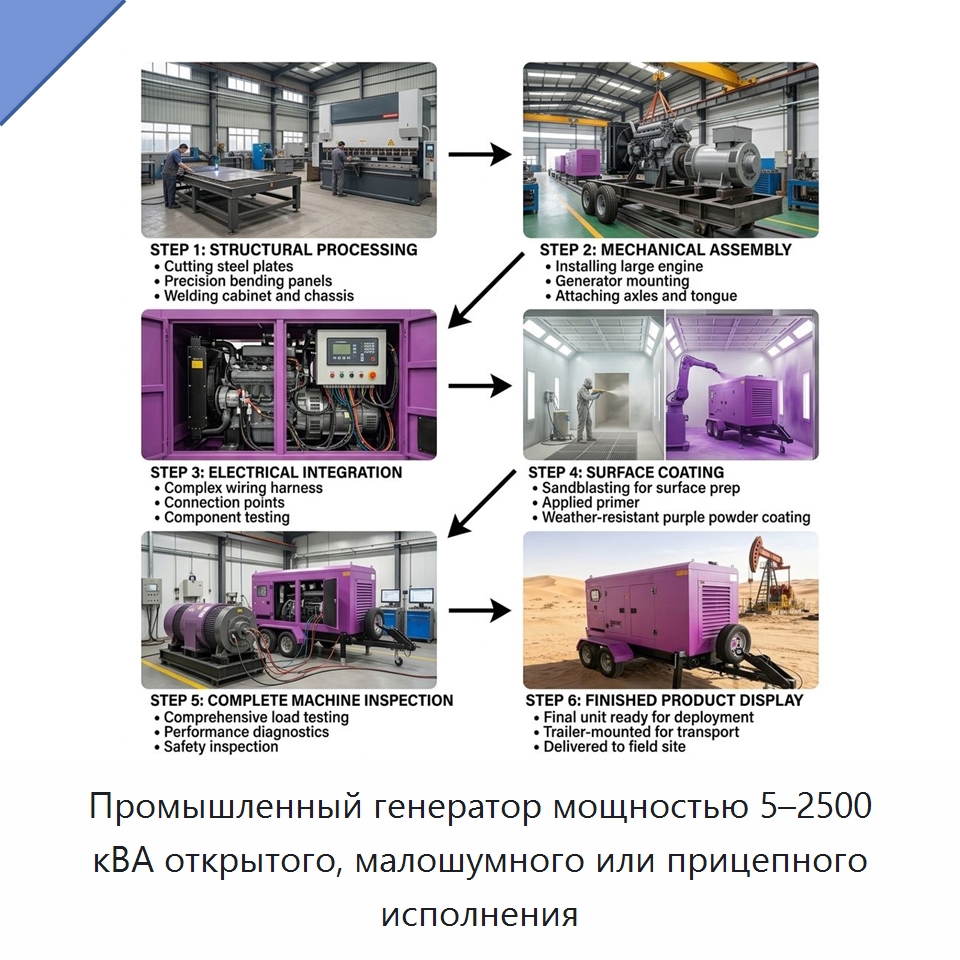 Промышленный генератор мощностью 5–2500 кВА открытого, малошумного или прицепного исполнения — Дизельные генераторы