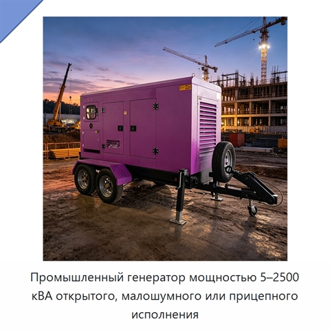 Промышленный генератор мощностью 5–2500 кВА открытого, малошумного или прицепного исполнения
