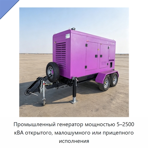 Промышленный генератор мощностью 5–2500 кВА открытого, малошумного или прицепного исполнения
