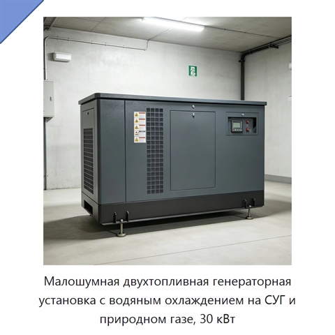 Малошумная двухтопливная генераторная установка с водяным охлаждением на СУГ и природном газе, 30 кВт