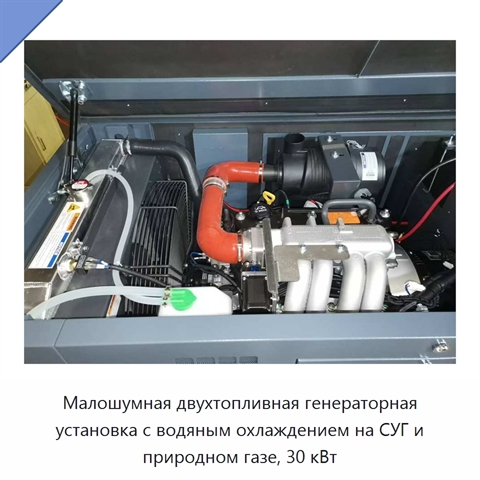 Малошумная двухтопливная генераторная установка с водяным охлаждением на СУГ и природном газе, 30 кВт