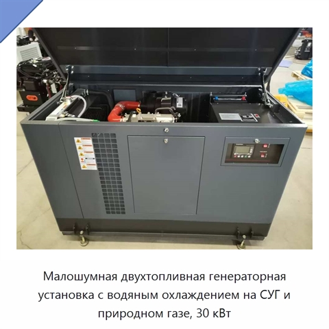 Малошумная двухтопливная генераторная установка с водяным охлаждением на СУГ и природном газе, 30 кВт
