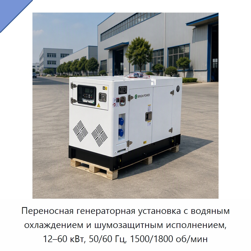 Переносная генераторная установка с водяным охлаждением и шумозащитным исполнением, 12–60 кВт, 50/60 Гц, 1500/1800 об/мин — Дизельные генераторы