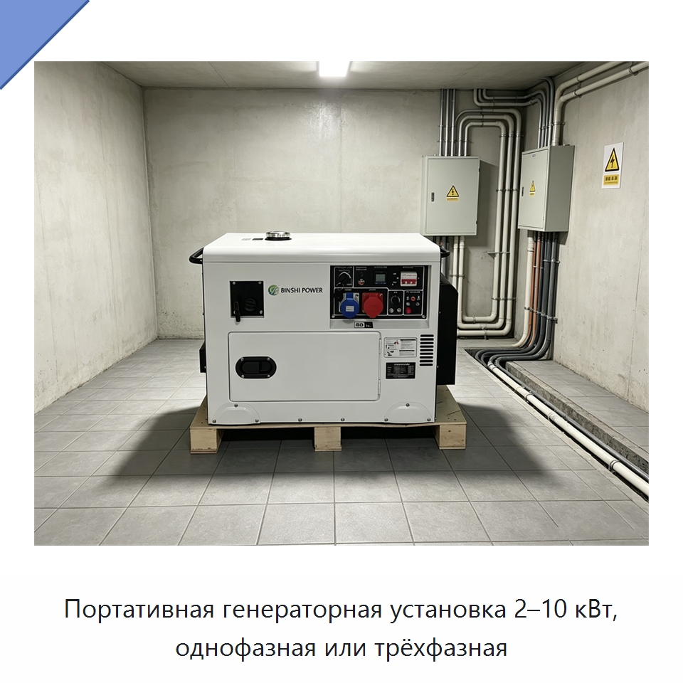 Портативная генераторная установка 2–10 кВт, однофазная или трёхфазная — Дизельные генераторы