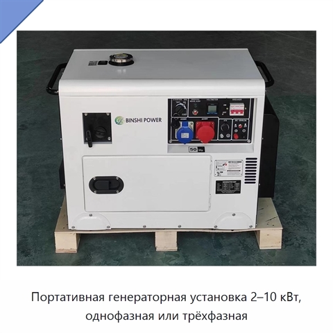 Портативная генераторная установка 2–10 кВт, однофазная или трёхфазная