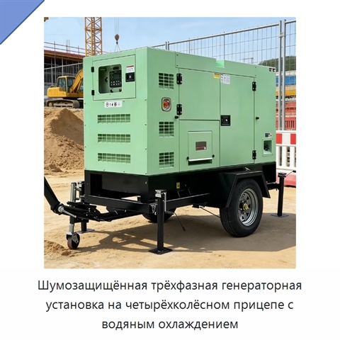 Шумозащищённая трёхфазная генераторная установка на четырёхколёсном прицепе с водяным охлаждением