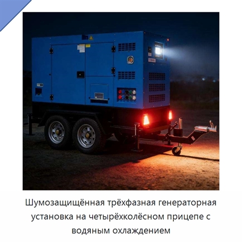 Шумозащищённая трёхфазная генераторная установка на четырёхколёсном прицепе с водяным охлаждением