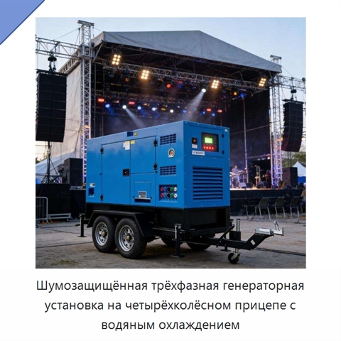 Шумозащищённая трёхфазная генераторная установка на четырёхколёсном прицепе с водяным охлаждением