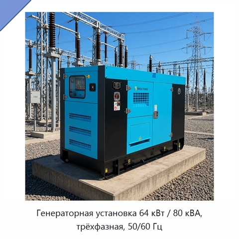 Генераторная установка 64 кВт / 80 кВА, трёхфазная, 50/60 Гц
