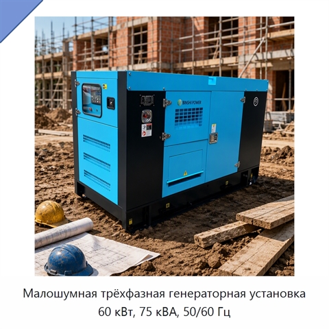 Малошумная трёхфазная генераторная установка 60 кВт, 75 кВА, 50/60 Гц