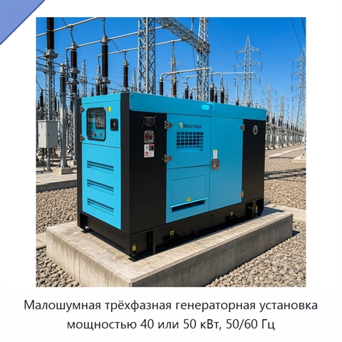 Малошумная трёхфазная генераторная установка мощностью 40 или 50 кВт, 50/60 Гц