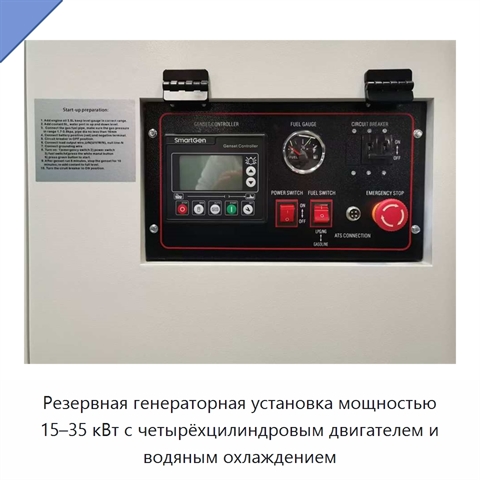 Резервная генераторная установка мощностью 15–35 кВт с четырёхцилиндровым двигателем и водяным охлаждением