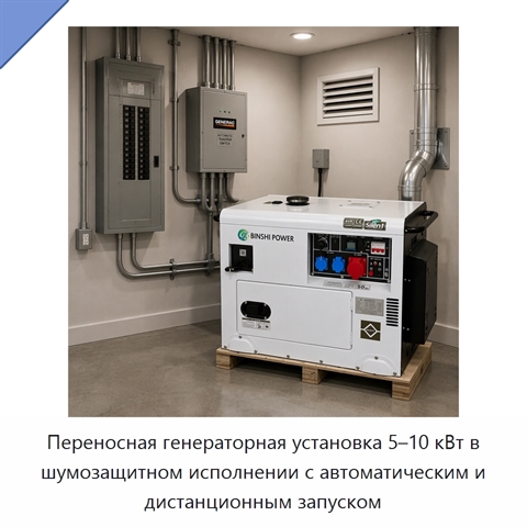 Переносная генераторная установка 5–10 кВт в шумозащитном исполнении с автоматическим и дистанционным запуском