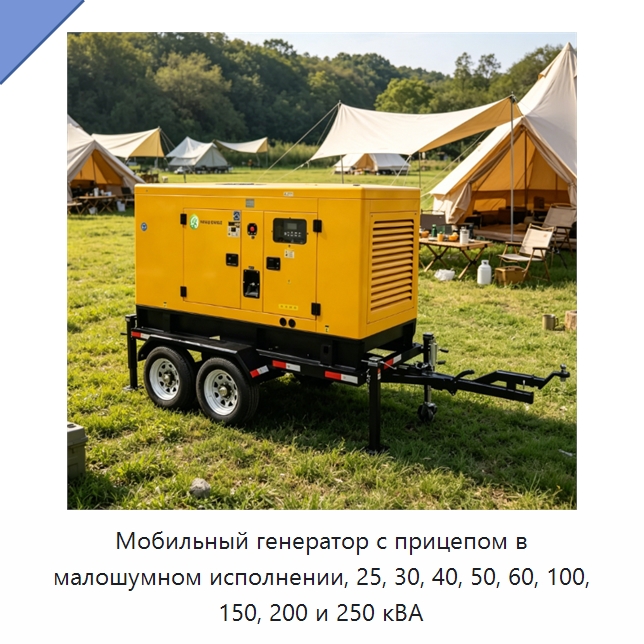 Мобильный генератор с прицепом в малошумном исполнении, 25, 30, 40, 50, 60, 100, 150, 200 и 250 кВА — Дизельные генераторы