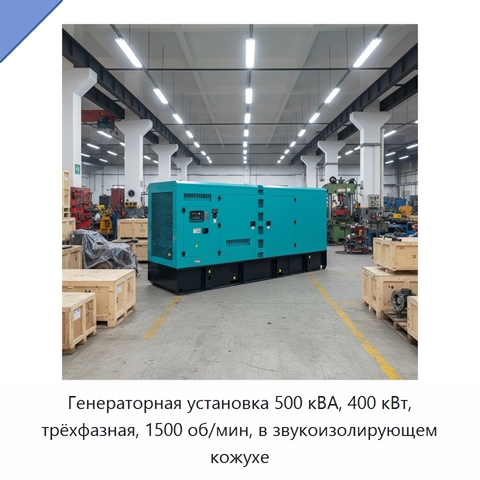 Генераторная установка 500 кВА, 400 кВт, трёхфазная, 1500 об/мин, в звукоизолирующем кожухе