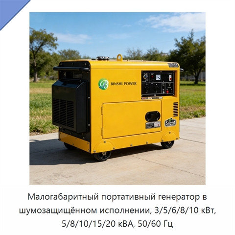 Малогабаритный портативный генератор в шумозащищённом исполнении, 3/5/6/8/10 кВт, 5/8/10/15/20 кВА, 50/60 Гц