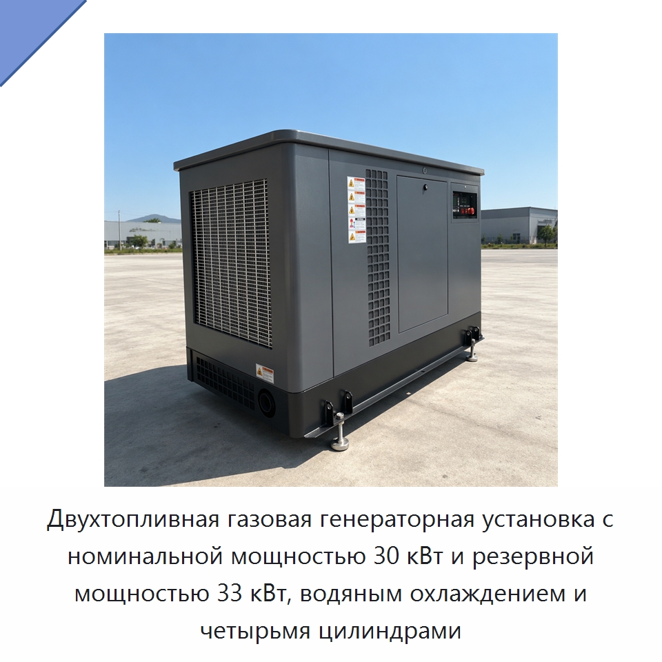 Двухтопливная газовая генераторная установка с номинальной мощностью 30 кВт и резервной мощностью 33 кВт, водяным охлаждением и четырьмя цилиндрами — Бензиновые генераторы
