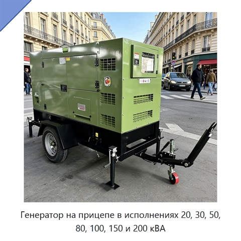 Генератор на прицепе в исполнениях 20, 30, 50, 80, 100, 150 и 200 кВА