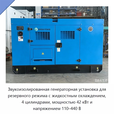 Звукоизолированная генераторная установка для резервного режима с жидкостным охлаждением, 4 цилиндрами, мощностью 42 кВт и напряжением 110–440 В