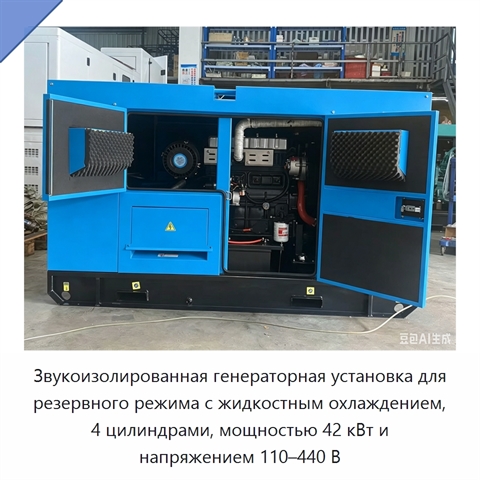 Звукоизолированная генераторная установка для резервного режима с жидкостным охлаждением, 4 цилиндрами, мощностью 42 кВт и напряжением 110–440 В