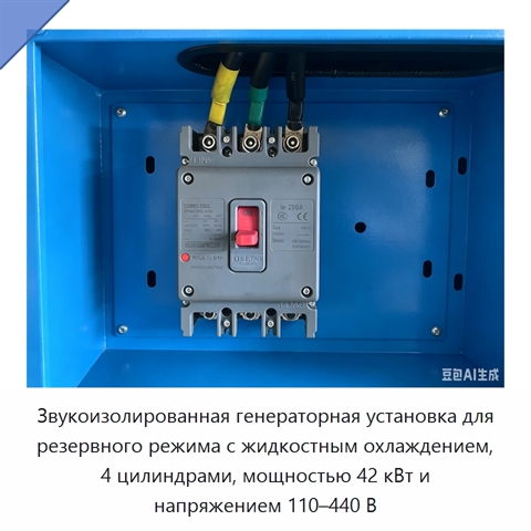 Звукоизолированная генераторная установка для резервного режима с жидкостным охлаждением, 4 цилиндрами, мощностью 42 кВт и напряжением 110–440 В