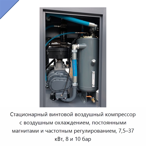Стационарный винтовой воздушный компрессор с воздушным охлаждением, постоянными магнитами и частотным регулированием, 7,5–37 кВт, 8 и 10 бар