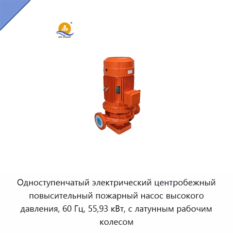 Одноступенчатый электрический центробежный повысительный пожарный насос высокого давления, 60 Гц, 55,93 кВт, с латунным рабочим колесом