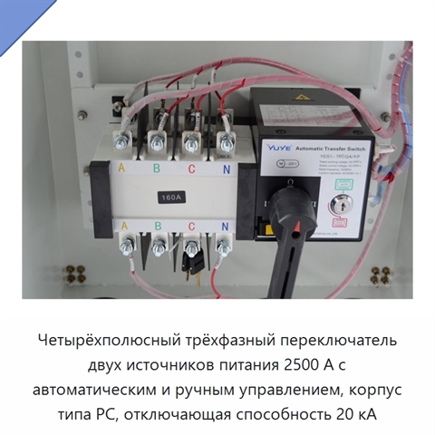 Четырёхполюсный трёхфазный переключатель двух источников питания 2500 А с автоматическим и ручным управлением, корпус типа PC, отключающая способность 20 кА