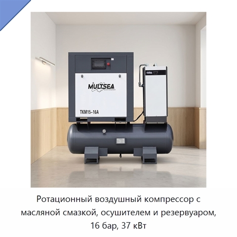 Ротационный воздушный компрессор с масляной смазкой, осушителем и резервуаром, 16 бар, 37 кВт