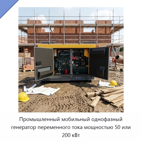 Промышленный мобильный однофазный генератор переменного тока мощностью 50 или 200 кВт