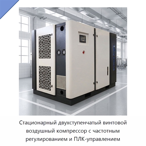 Стационарный двухступенчатый винтовой воздушный компрессор с частотным регулированием и ПЛК-управлением