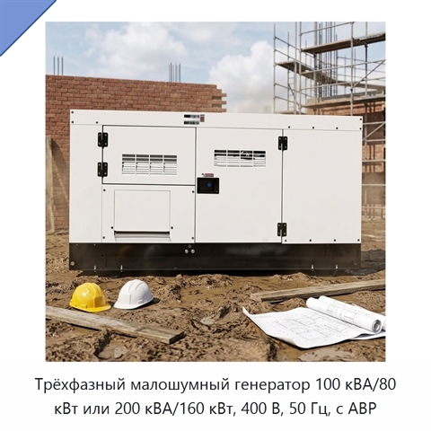 Трёхфазный малошумный генератор 100 кВА/80 кВт или 200 кВА/160 кВт, 400 В, 50 Гц, с АВР