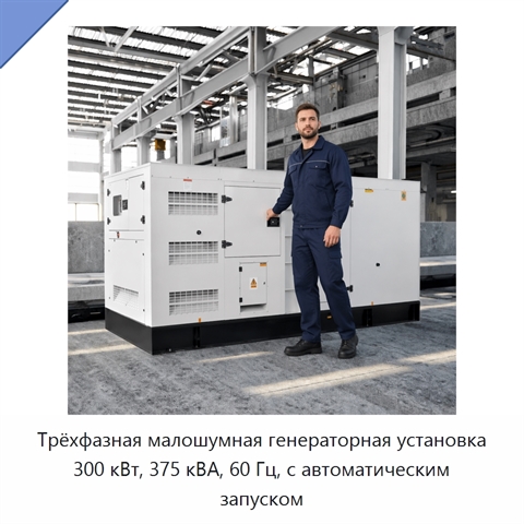 Трёхфазная малошумная генераторная установка 300 кВт, 375 кВА, 60 Гц, с автоматическим запуском