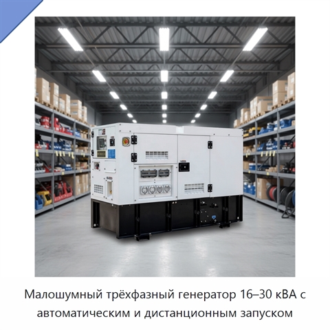 Малошумный трёхфазный генератор 16–30 кВА с автоматическим и дистанционным запуском