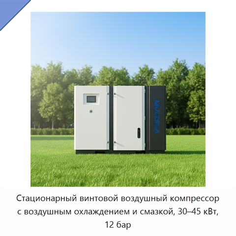 Стационарный винтовой воздушный компрессор с воздушным охлаждением и смазкой, 30–45 кВт, 12 бар