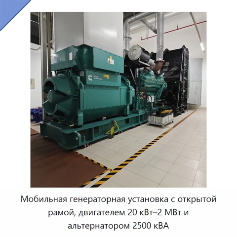 Мобильная генераторная установка с открытой рамой, двигателем 20 кВт–2 МВт и альтернатором 2500 кВА