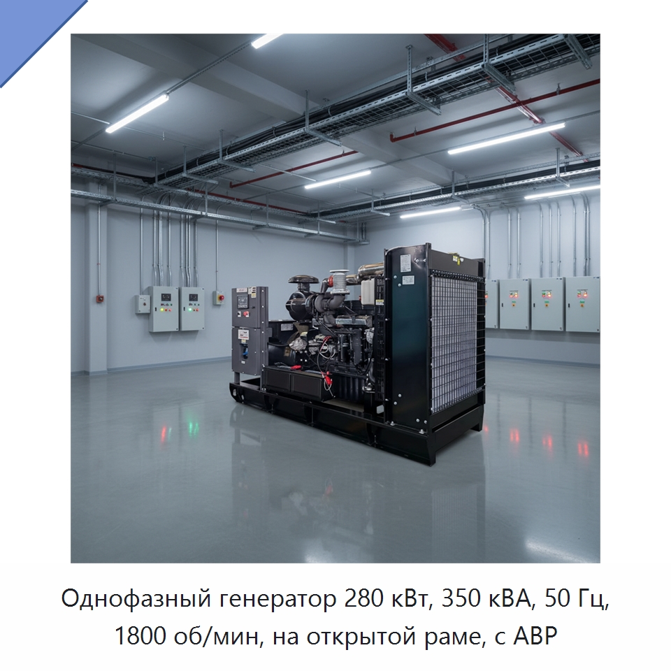 Однофазный генератор 280 кВт, 350 кВА, 50 Гц, 1800 об/мин, на открытой раме, с АВР — Дизельные генераторы