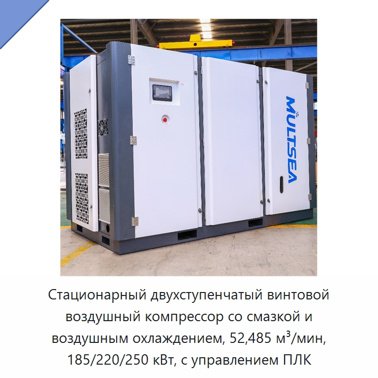 Стационарный двухступенчатый винтовой воздушный компрессор со смазкой и воздушным охлаждением, 52,485 м³/мин, 185/220/250 кВт, с управлением ПЛК — Промышленные компрессоры