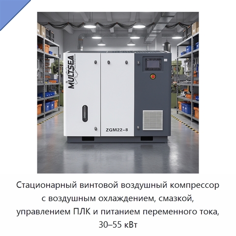 Стационарный винтовой воздушный компрессор с воздушным охлаждением, смазкой, управлением ПЛК и питанием переменного тока, 30–55 кВт
