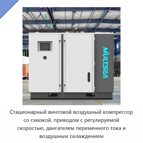 Стационарный винтовой воздушный компрессор со смазкой, приводом с регулируемой скоростью, двигателем переменного тока и воздушным охлаждением