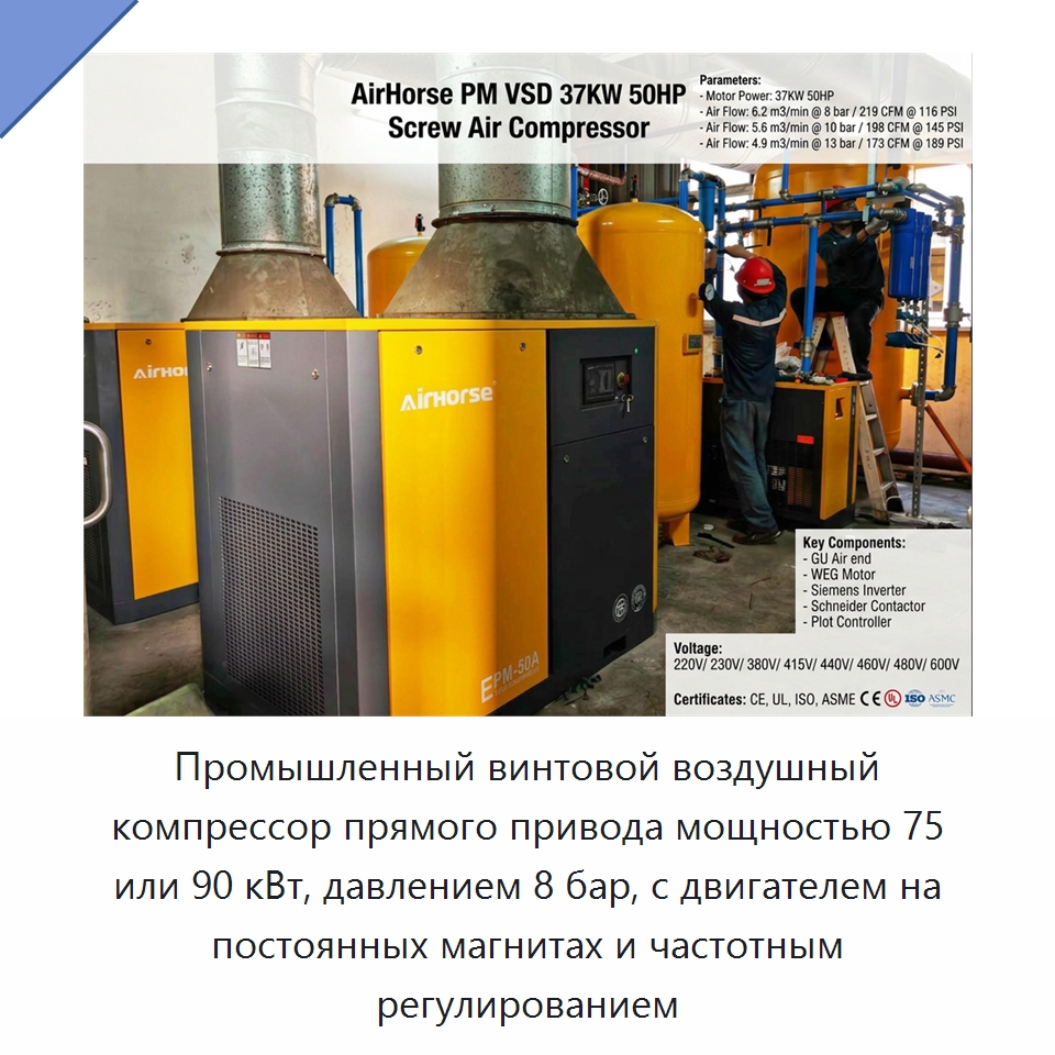 Промышленный винтовой воздушный компрессор прямого привода мощностью 75 или 90 кВт, давлением 8 бар, с двигателем на постоянных магнитах и частотным регулированием — Промышленные компрессоры