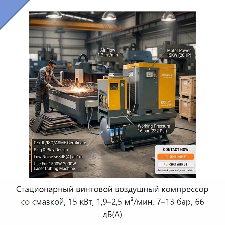 Стационарный винтовой воздушный компрессор со смазкой, 15 кВт, 1,9–2,5 м³/мин, 7–13 бар, 66 дБ(А) — Промышленные компрессоры